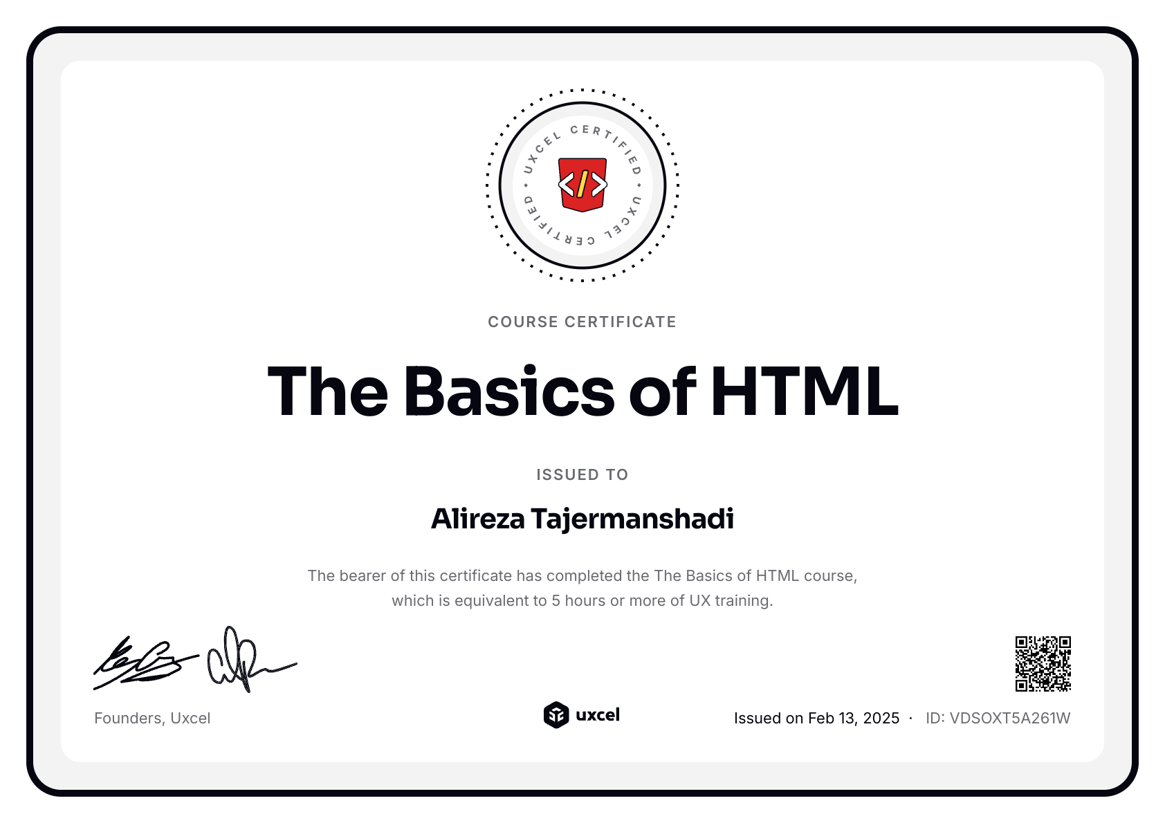 Alireza Tajermanshadi's certificate